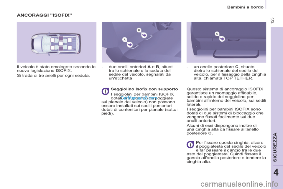 Peugeot Partner Tepee 2014 Manuale del proprietario (in Italian) 123
Bambini a bordo
SICUREZZA
4
ANCORAGGI "ISOFIX"
Il veicolo è stato omologato secondo la
nuova legislazione ISOFIX.
Si tratta di tre anelli per ogni seduta: - due anelli ante Peugeot Partner Tepee 2014 Manuale del proprietario (in Italian) 123
Bambini a bordo
SICUREZZA
4
ANCORAGGI "ISOFIX"
Il veicolo è stato omologato secondo la
nuova legislazione ISOFIX.
Si tratta di tre anelli per ogni seduta: - due anelli ante