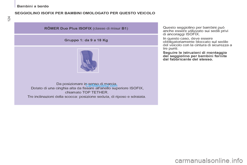Peugeot Partner Tepee 2014 Manuale del proprietario (in Italian) 124
Bambini a bordo Questo seggiolino per bambini può
anche essere utilizzato sui sedili privi
di ancoraggi ISOFIX.
In questo caso, deve essere
obbligatoriamente bloccato sul sedile
del Peugeot Partner Tepee 2014 Manuale del proprietario (in Italian) 124
Bambini a bordo Questo seggiolino per bambini può
anche essere utilizzato sui sedili privi
di ancoraggi ISOFIX.
In questo caso, deve essere
obbligatoriamente bloccato sul sedile
del