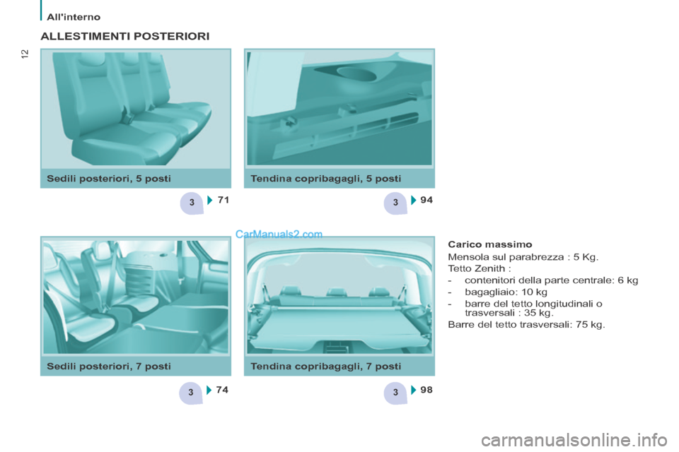 Peugeot Partner Tepee 2014  Manuale del proprietario (in Italian) 3
3
3
3
71
74 94
98
12
   Allinterno   
12
  Tendina  copribagagli,  5  posti  
  Sedili  posteriori,  5  posti  
 ALLESTIMENTI  POSTERIORI  
  Carico  massimo 
 Mensola sul parabrezza : 5 Kg. 
 Tett