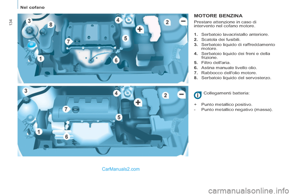 Peugeot Partner Tepee 2014  Manuale del proprietario (in Italian)    Nel  cofano   
134
  MOTORE  BENZINA 
    1.   Serbatoio lavacristallo anteriore. 
  2.   Scatola dei fusibili. 
  3.   Serbatoio liquido di raffreddamento motore. 
  4.   Serbatoio liquido dei fre