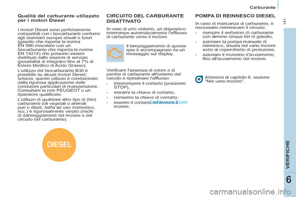 Peugeot Partner Tepee 2014  Manuale del proprietario (in Italian) DIESEL
   Carburante   
 141
VERIFICHE
6
 CIRCUITO DEL CARBURANTE 
DISATTIVATO 
 In caso di urto violento, un dispositivo 
interrompe automaticamente lafﬂ usso 
di carburante verso il motore.  Il l