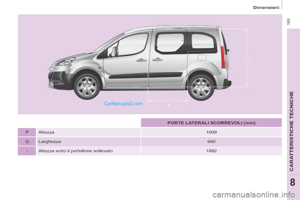 Peugeot Partner Tepee 2014  Manuale del proprietario (in Italian)  165
   Dimensioni   
CARATTERISTICHE TECNICHE
8
       PORTE LATERALI SCORREVOLI (mm)   
  P    Altezza    1009  
  Q    Larghezza    640  
  -    Altezza sotto il portellone sollevato    1892    