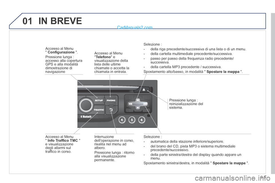 Peugeot Partner Tepee 2014  Manuale del proprietario (in Italian) 9.5
01
  Selezione  : 
   -   automatica  della  stazione  inferiore/superiore. 
  -   del brano del CD, pista MP3 o sistema multimediale precedente/successivo. 
  -   della parte sinistra/destra del 
