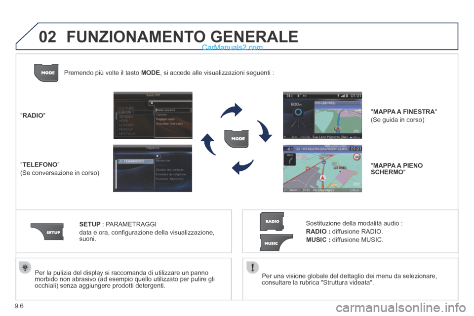 Peugeot Partner Tepee 2014  Manuale del proprietario (in Italian) 9.6
02
  Per una visione globale del dettaglio dei menu da selezionare, consultare la rubrica "Struttura videata".   
  Per la pulizia del display si raccomanda di utilizzare un panno morbido non abra