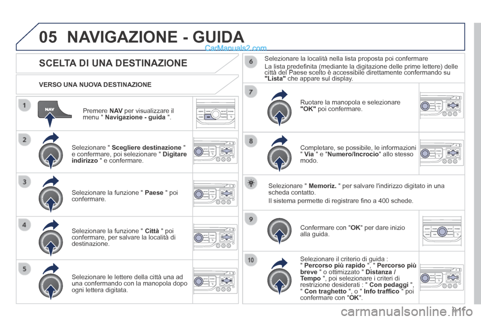 Peugeot Partner Tepee 2014 Manuale del proprietario (in Italian) 9.11
05
Premere N AV per visualizzare il menu " Navigazione - guida ".
VERSO UNA NUOVA DESTINAZIONE
NAVIGAZIONE - GUIDA
SCELTA DI UNA DESTINAZIONE
Selezionare " S Peugeot Partner Tepee 2014 Manuale del proprietario (in Italian) 9.11
05
Premere N AV per visualizzare il menu " Navigazione - guida ".
VERSO UNA NUOVA DESTINAZIONE
NAVIGAZIONE - GUIDA
SCELTA DI UNA DESTINAZIONE
Selezionare " S