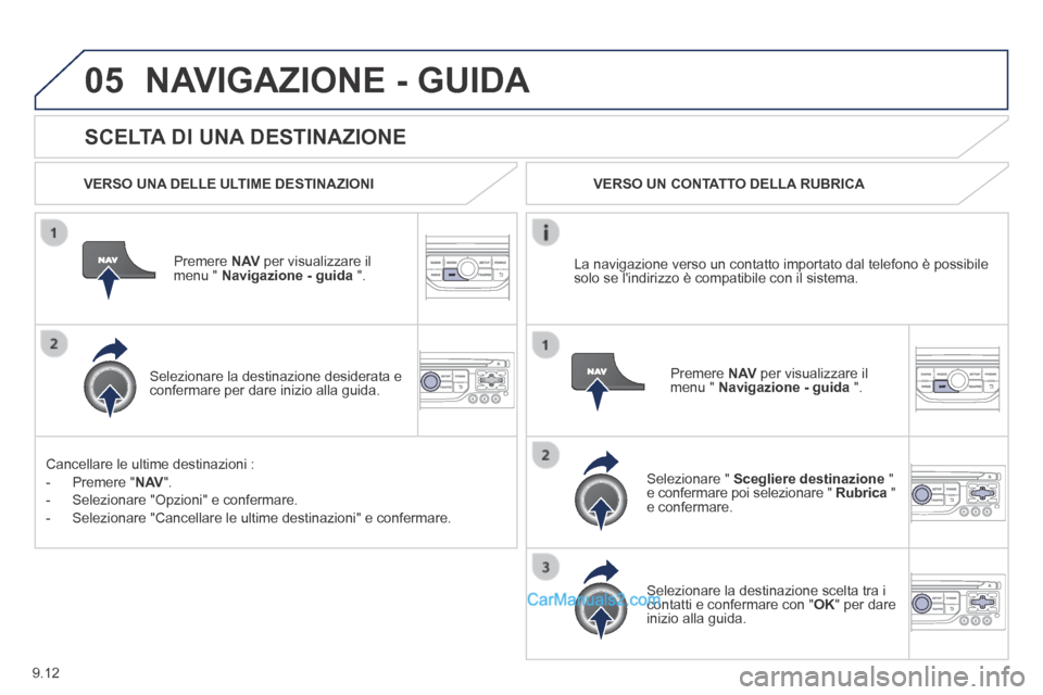 Peugeot Partner Tepee 2014 Manuale del proprietario (in Italian) 9.12
05
SCELTA DI UNA DESTINAZIONE
NAVIGAZIONE - GUIDA
VERSO UNA DELLE ULTIME DESTINAZIONI
Premere N AV per visualizzare il menu " Navigazione - guida ".
Selezionare la destinazio Peugeot Partner Tepee 2014 Manuale del proprietario (in Italian) 9.12
05
SCELTA DI UNA DESTINAZIONE
NAVIGAZIONE - GUIDA
VERSO UNA DELLE ULTIME DESTINAZIONI
Premere N AV per visualizzare il menu " Navigazione - guida ".
Selezionare la destinazio