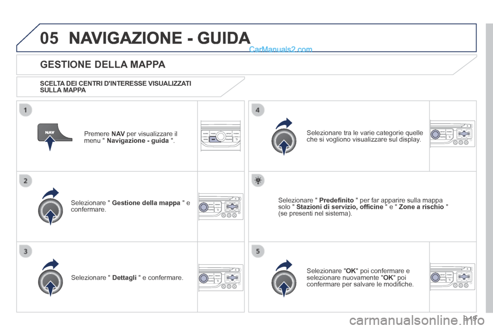 Peugeot Partner Tepee 2014 Manuale del proprietario (in Italian) 9.19
05 NAVIGAZIONE - GUIDA
Premere N AV per visualizzare il menu " Navigazione - guida ".
GESTIONE DELLA MAPPA
SCELTA DEI CENTRI DINTERESSE VISUALIZZATI SULLA MAPPA
Selezionar Peugeot Partner Tepee 2014 Manuale del proprietario (in Italian) 9.19
05 NAVIGAZIONE - GUIDA
Premere N AV per visualizzare il menu " Navigazione - guida ".
GESTIONE DELLA MAPPA
SCELTA DEI CENTRI DINTERESSE VISUALIZZATI SULLA MAPPA
Selezionar