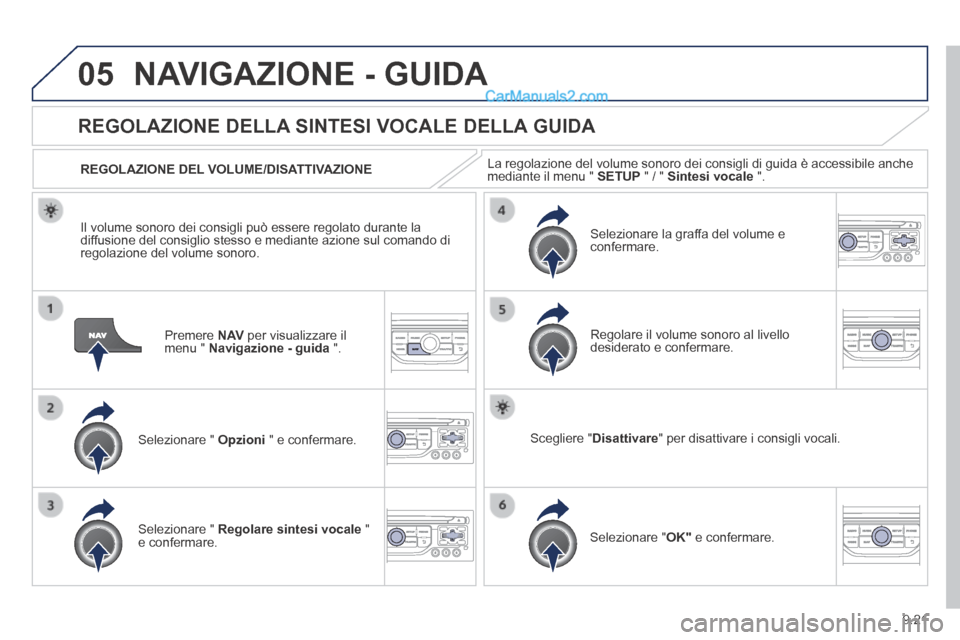 Peugeot Partner Tepee 2014 Manuale del proprietario (in Italian) 9.21
05 NAVIGAZIONE - GUIDA
Premere N AV per visualizzare il menu " Navigazione - guida ".
REGOLAZIONE DELLA SINTESI VOCALE DELLA GUIDA
Selezionare " Opzioni " e confermar Peugeot Partner Tepee 2014 Manuale del proprietario (in Italian) 9.21
05 NAVIGAZIONE - GUIDA
Premere N AV per visualizzare il menu " Navigazione - guida ".
REGOLAZIONE DELLA SINTESI VOCALE DELLA GUIDA
Selezionare " Opzioni " e confermar
