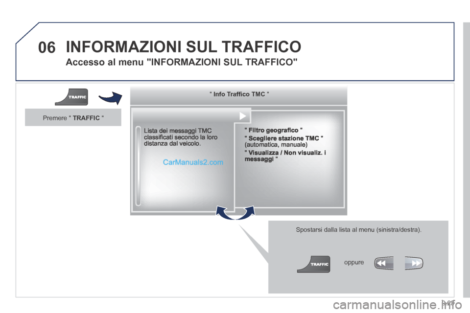 Peugeot Partner Tepee 2014 Manuale del proprietario (in Italian) 9.23
06 INFORMAZIONI SUL TRAFFICO
Accesso al menu "INFORMAZIONI SUL TRAFFICO"
Lista dei messaggi TMC classifi cati secondo la loro distanza dal veicolo.
Spostarsi dalla lista al menu (si Peugeot Partner Tepee 2014 Manuale del proprietario (in Italian) 9.23
06 INFORMAZIONI SUL TRAFFICO
Accesso al menu "INFORMAZIONI SUL TRAFFICO"
Lista dei messaggi TMC classifi cati secondo la loro distanza dal veicolo.
Spostarsi dalla lista al menu (si