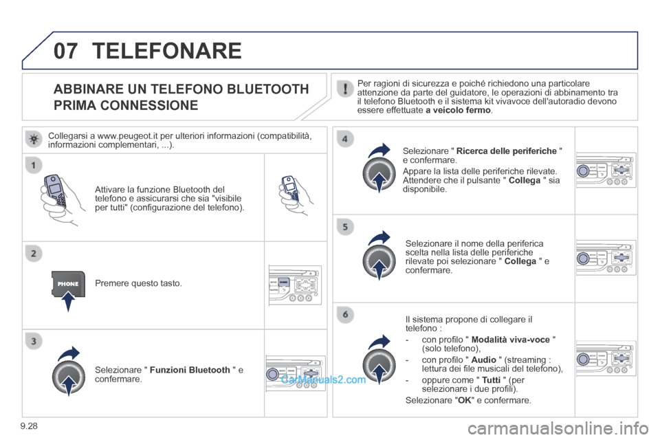Peugeot Partner Tepee 2014 Manuale del proprietario (in Italian) 9.28
07
ABBINARE UN TELEFONO BLUETOOTH
PRIMA CONNESSIONE
Per ragioni di sicurezza e poiché richiedono una particolare attenzione da parte del guidatore, le operazioni di abbinamen Peugeot Partner Tepee 2014 Manuale del proprietario (in Italian) 9.28
07
ABBINARE UN TELEFONO BLUETOOTH
PRIMA CONNESSIONE
Per ragioni di sicurezza e poiché richiedono una particolare attenzione da parte del guidatore, le operazioni di abbinamen
