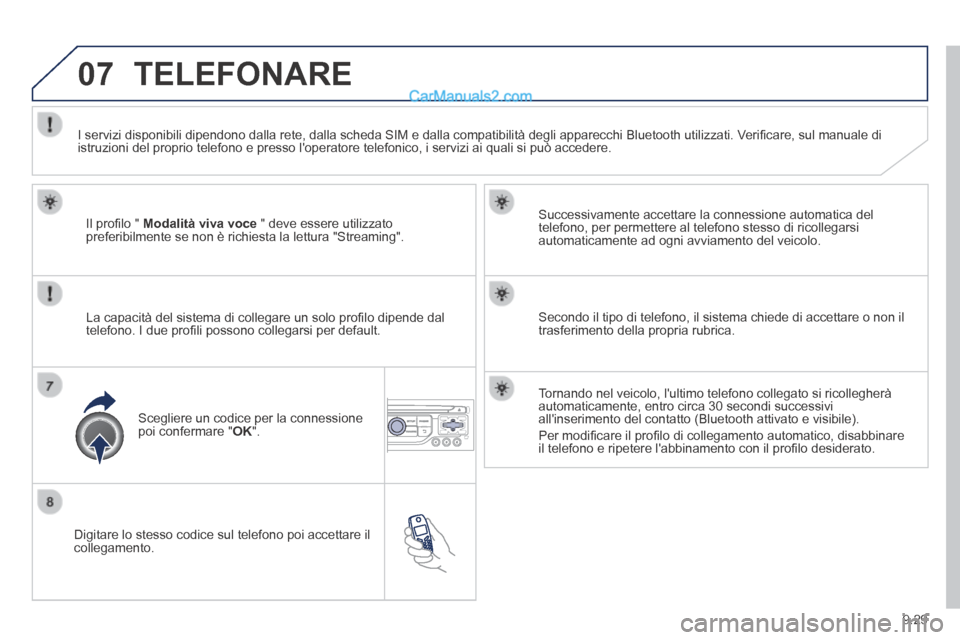 Peugeot Partner Tepee 2014 Manuale del proprietario (in Italian) 9.29
07
Digitare lo stesso codice sul telefono poi accettare il collegamento.
Successivamente accettare la connessione automatica del telefono, per permettere al telefono stesso di ricollegarsi Peugeot Partner Tepee 2014 Manuale del proprietario (in Italian) 9.29
07
Digitare lo stesso codice sul telefono poi accettare il collegamento.
Successivamente accettare la connessione automatica del telefono, per permettere al telefono stesso di ricollegarsi