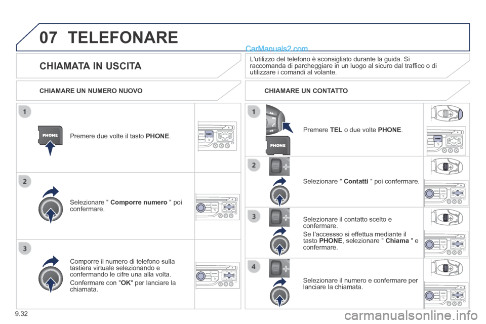Peugeot Partner Tepee 2014 Manuale del proprietario (in Italian) 9.32
07 TELEFONARE
Premere due volte il tasto PHONE.
Selezionare " Comporre numero " poi confermare.
Selezionare " Contatti " poi confermare.
Comporre il numero di telefono sull Peugeot Partner Tepee 2014 Manuale del proprietario (in Italian) 9.32
07 TELEFONARE
Premere due volte il tasto PHONE.
Selezionare " Comporre numero " poi confermare.
Selezionare " Contatti " poi confermare.
Comporre il numero di telefono sull