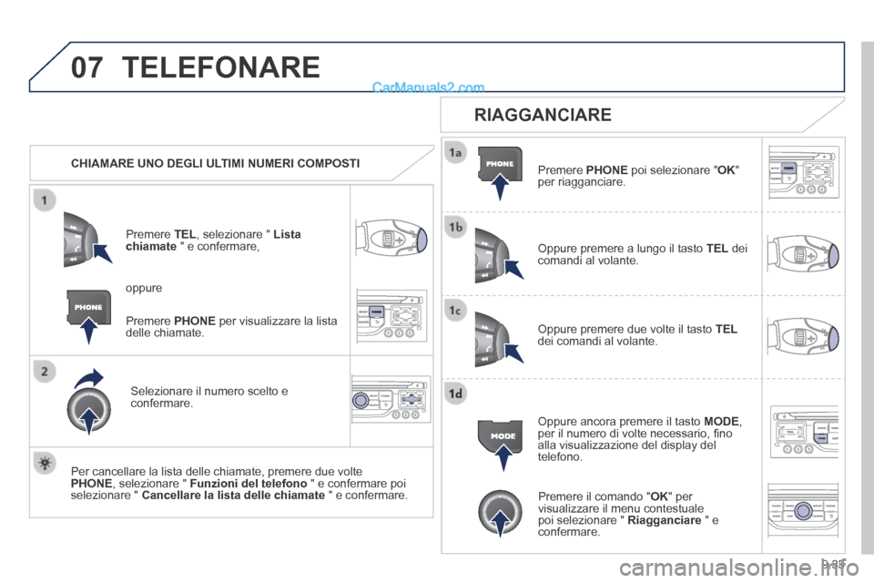 Peugeot Partner Tepee 2014 Manuale del proprietario (in Italian) 9.33
07 TELEFONARE
CHIAMARE UNO DEGLI ULTIMI NUMERI COMPOSTI
Premere TEL , selezionare " Lista chiamate " e confermare,
Selezionare il numero scelto e confermare.
Per cancellare la Peugeot Partner Tepee 2014 Manuale del proprietario (in Italian) 9.33
07 TELEFONARE
CHIAMARE UNO DEGLI ULTIMI NUMERI COMPOSTI
Premere TEL , selezionare " Lista chiamate " e confermare,
Selezionare il numero scelto e confermare.
Per cancellare la