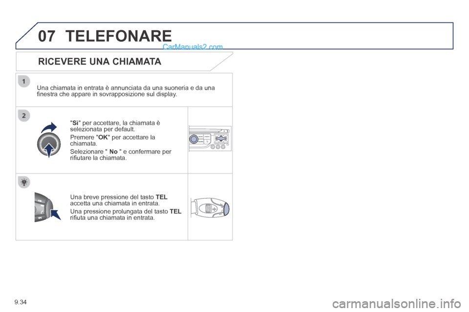 Peugeot Partner Tepee 2014 Manuale del proprietario (in Italian) 9.34
07 TELEFONARE
RICEVERE UNA CHIAMATA
Una chiamata in entrata è annunciata da una suoneria e da una fi nestra che appare in sovrapposizione sul display.
"Sì" per accettare, la chiama Peugeot Partner Tepee 2014 Manuale del proprietario (in Italian) 9.34
07 TELEFONARE
RICEVERE UNA CHIAMATA
Una chiamata in entrata è annunciata da una suoneria e da una fi nestra che appare in sovrapposizione sul display.
"Sì" per accettare, la chiama