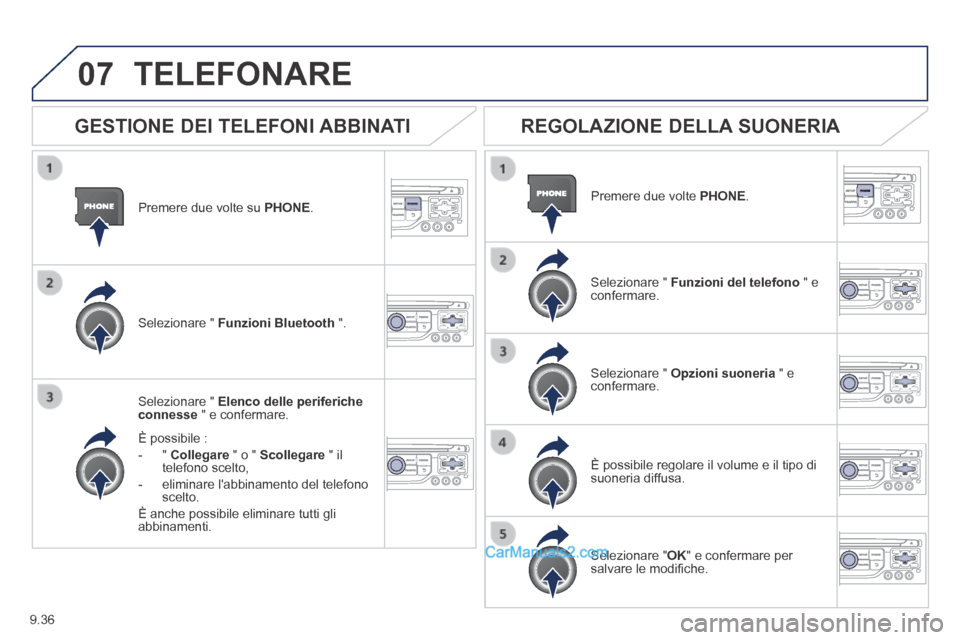 Peugeot Partner Tepee 2014 Manuale del proprietario (in Italian) 9.36
07
Premere due volte su PHONE .
Selezionare " Elenco delle periferiche connesse " e confermare.
È possibile :
- " Collegare " o " Scollegare " il telefono scelto,
Peugeot Partner Tepee 2014 Manuale del proprietario (in Italian) 9.36
07
Premere due volte su PHONE .
Selezionare " Elenco delle periferiche connesse " e confermare.
È possibile :
- " Collegare " o " Scollegare " il telefono scelto,