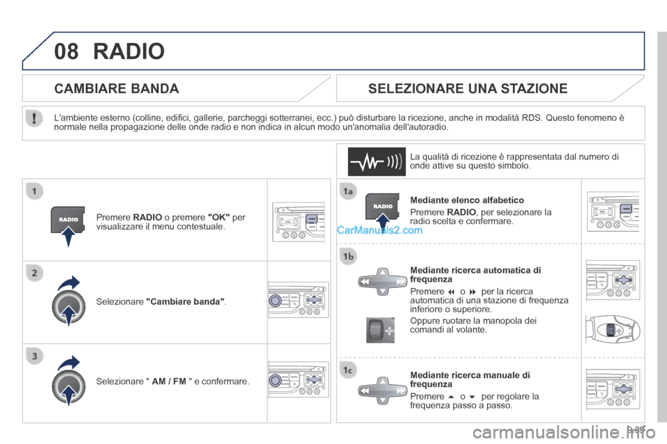 Peugeot Partner Tepee 2014 Manuale del proprietario (in Italian) 9.39
08 RADIO
Mediante elenco alfabetico
Premere RADIO , per selezionare la radio scelta e confermare.
Mediante ricerca automatica di frequenza
Premere o per la ricerc Peugeot Partner Tepee 2014 Manuale del proprietario (in Italian) 9.39
08 RADIO
Mediante elenco alfabetico
Premere RADIO , per selezionare la radio scelta e confermare.
Mediante ricerca automatica di frequenza
Premere o per la ricerc