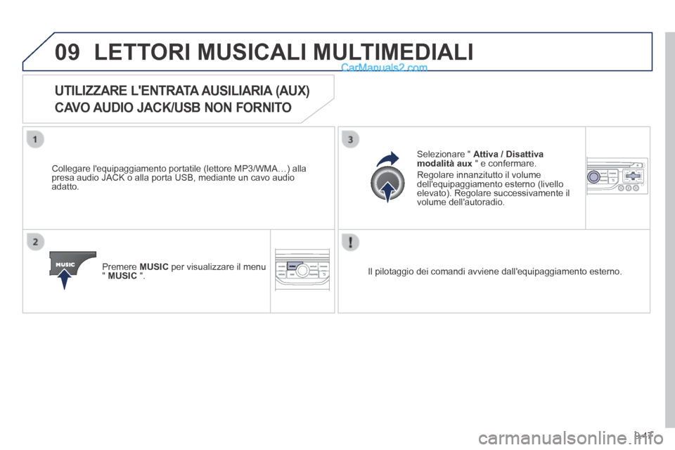 Peugeot Partner Tepee 2014 Manuale del proprietario (in Italian) 9.47
09 LETTORI MUSICALI MULTIMEDIALI
UTILIZZARE LENTRATA AUSILIARIA (AUX)
CAVO AUDIO JACK/USB NON FORNITO
Collegare lequipaggiamento portatile (lettore MP3/WMA…) alla presa a Peugeot Partner Tepee 2014 Manuale del proprietario (in Italian) 9.47
09 LETTORI MUSICALI MULTIMEDIALI
UTILIZZARE LENTRATA AUSILIARIA (AUX)
CAVO AUDIO JACK/USB NON FORNITO
Collegare lequipaggiamento portatile (lettore MP3/WMA…) alla presa a