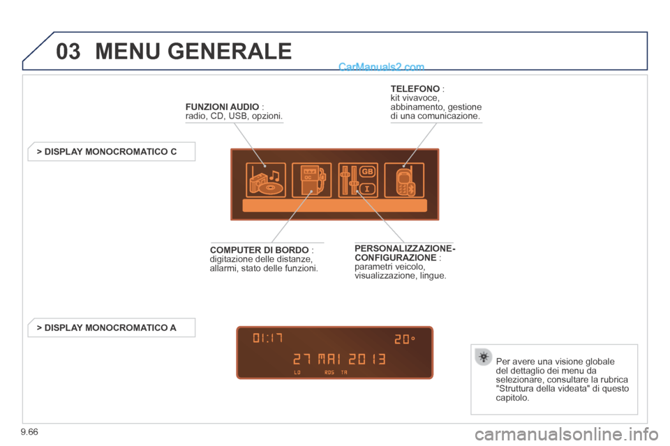 Peugeot Partner Tepee 2014 Manuale del proprietario (in Italian) 9.66
03 MENU GENERALE
FUNZIONI AUDIO : radio, CD, USB, opzioni.
> DISPLAY MONOCROMATICO C
Per avere una visione globale del dettaglio dei menu da selezionare, consultare la rubri Peugeot Partner Tepee 2014 Manuale del proprietario (in Italian) 9.66
03 MENU GENERALE
FUNZIONI AUDIO : radio, CD, USB, opzioni.
> DISPLAY MONOCROMATICO C
Per avere una visione globale del dettaglio dei menu da selezionare, consultare la rubri