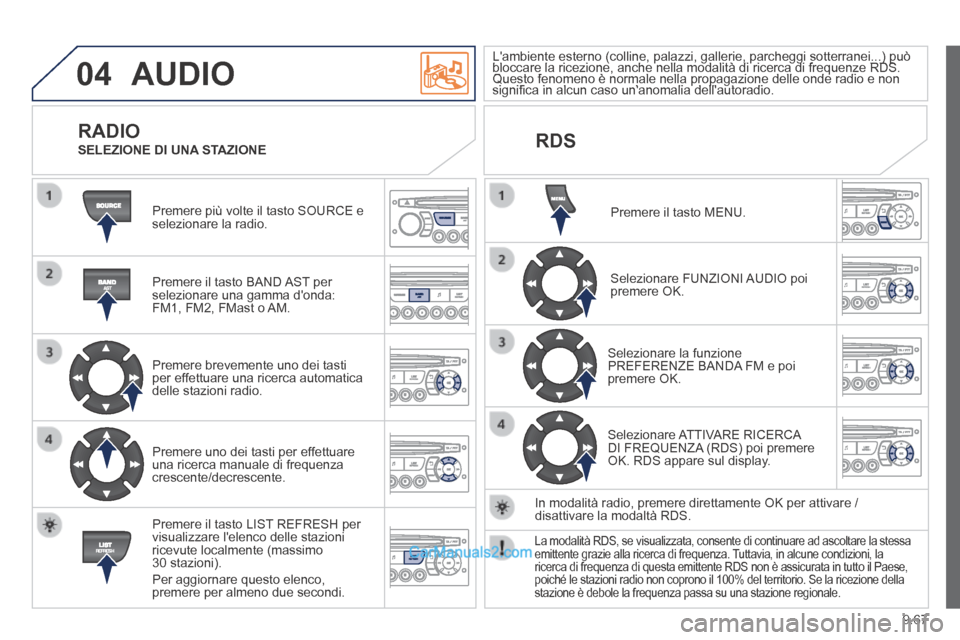 Peugeot Partner Tepee 2014 Manuale del proprietario (in Italian) 9.67
04 AUDIO
Premere più volte il tasto SOURCE e selezionare la radio.
Premere il tasto BAND AST per selezionare una gamma donda: FM1, FM2, FMast o AM.
Premere brevemente uno dei tasti pe Peugeot Partner Tepee 2014 Manuale del proprietario (in Italian) 9.67
04 AUDIO
Premere più volte il tasto SOURCE e selezionare la radio.
Premere il tasto BAND AST per selezionare una gamma donda: FM1, FM2, FMast o AM.
Premere brevemente uno dei tasti pe