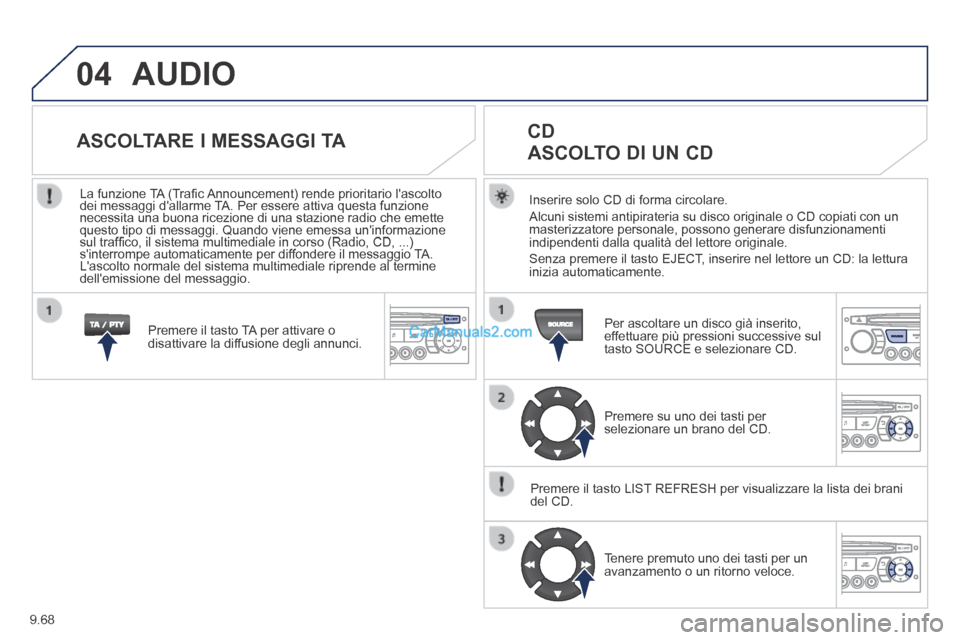 Peugeot Partner Tepee 2014 Manuale del proprietario (in Italian) 9.68
04 AUDIO
Inserire solo CD di forma circolare.
Alcuni sistemi antipirateria su disco originale o CD copiati con un masterizzatore personale, possono generare disfunzionamenti indipendenti dal Peugeot Partner Tepee 2014 Manuale del proprietario (in Italian) 9.68
04 AUDIO
Inserire solo CD di forma circolare.
Alcuni sistemi antipirateria su disco originale o CD copiati con un masterizzatore personale, possono generare disfunzionamenti indipendenti dal