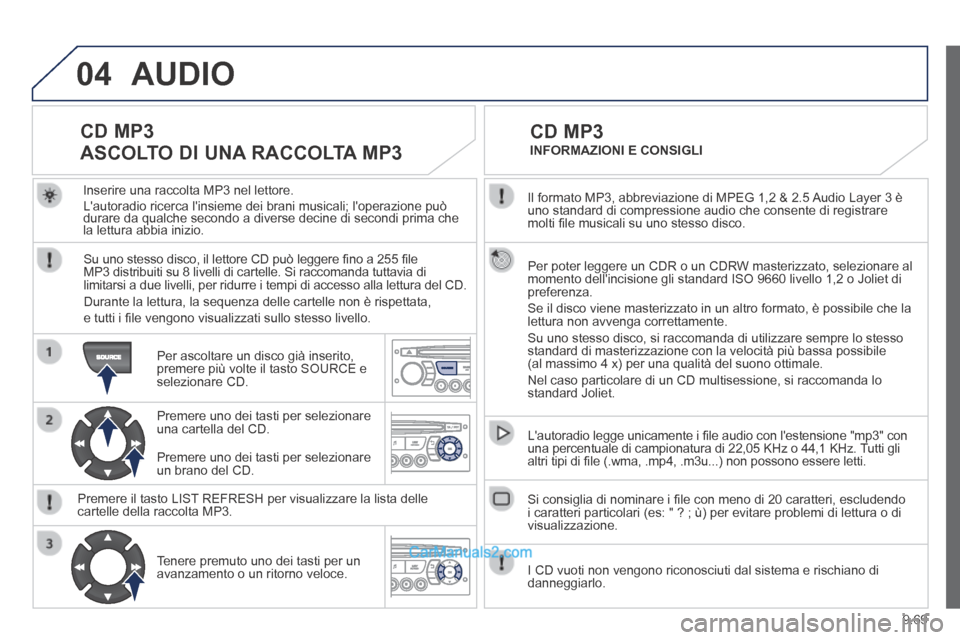 Peugeot Partner Tepee 2014 Manuale del proprietario (in Italian) 9.69
04
Il formato MP3, abbreviazione di MPEG 1,2 & 2.5 Audio Layer 3 è uno standard di compressione audio che consente di registrare molti fi le musicali su uno stesso disco.
Per poter legger Peugeot Partner Tepee 2014 Manuale del proprietario (in Italian) 9.69
04
Il formato MP3, abbreviazione di MPEG 1,2 & 2.5 Audio Layer 3 è uno standard di compressione audio che consente di registrare molti fi le musicali su uno stesso disco.
Per poter legger