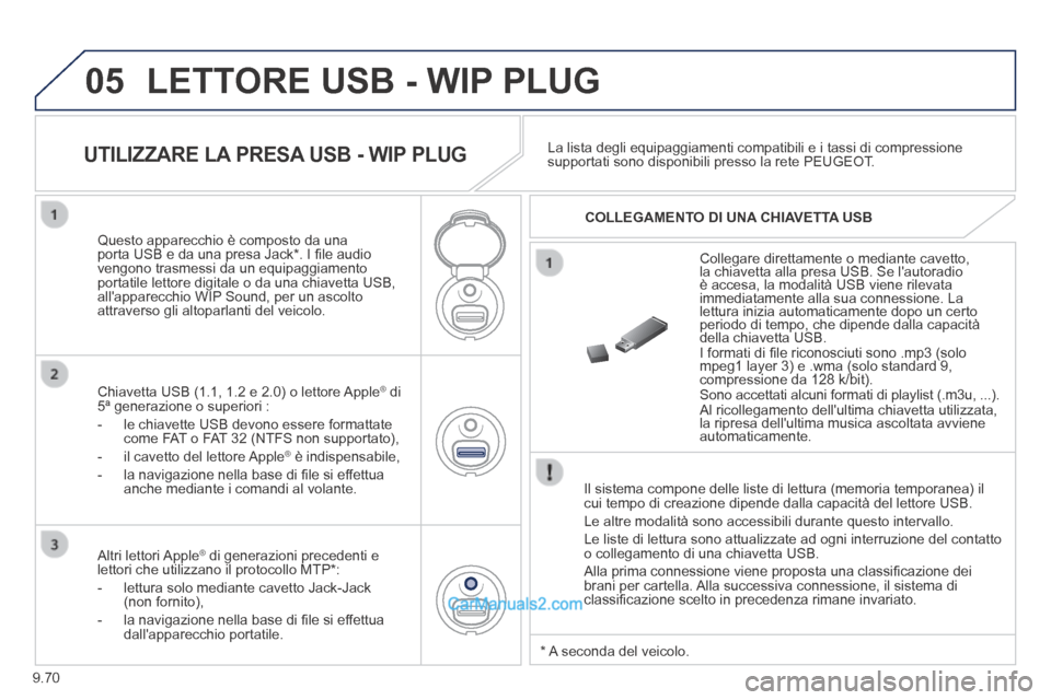 Peugeot Partner Tepee 2014 Manuale del proprietario (in Italian) 9.70
05 LETTORE USB - WIP PLUG
Il sistema compone delle liste di lettura (memoria temporanea) il cui tempo di creazione dipende dalla capacità del lettore USB.
Le altre modalità sono accessibil Peugeot Partner Tepee 2014 Manuale del proprietario (in Italian) 9.70
05 LETTORE USB - WIP PLUG
Il sistema compone delle liste di lettura (memoria temporanea) il cui tempo di creazione dipende dalla capacità del lettore USB.
Le altre modalità sono accessibil