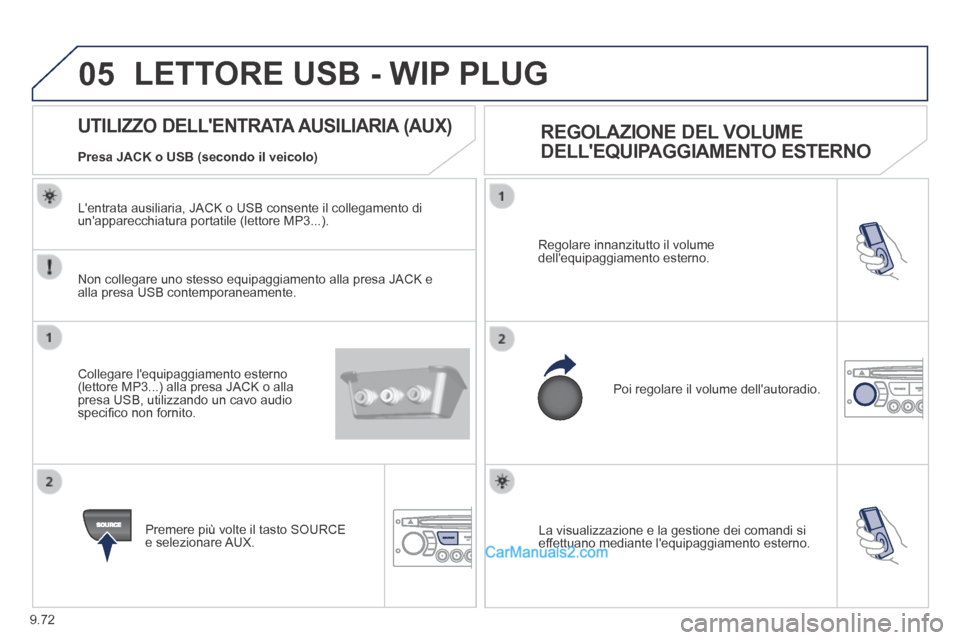 Peugeot Partner Tepee 2014  Manuale del proprietario (in Italian) 9.72
05
 La visualizzazione e la gestione dei comandi si effettuano mediante lequipaggiamento esterno.  
 Regolare innanzitutto il volume dellequipaggiamento esterno. 
 Poi regolare il volume della