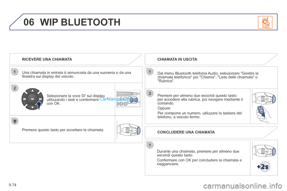 Peugeot Partner Tepee 2014  Manuale del proprietario (in Italian) 9.74
06
  RICEVERE  UNA  CHIAMATA  
  Una chiamata in entrata è annunciata da una suoneria e da una ﬁ nestra sul display del veicolo.  
  Selezionare la voce SI sul display utilizzando i tasti e c