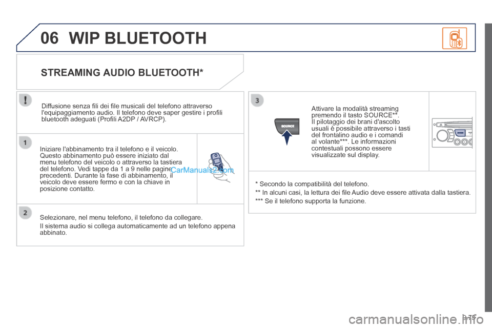 Peugeot Partner Tepee 2014  Manuale del proprietario (in Italian) 9.75
06
  Iniziare labbinamento tra il telefono e il veicolo. Questo abbinamento può essere iniziato dal menu telefono del veicolo o attraverso la tastiera del telefono. Vedi tappe da 1 a 9 nelle pa