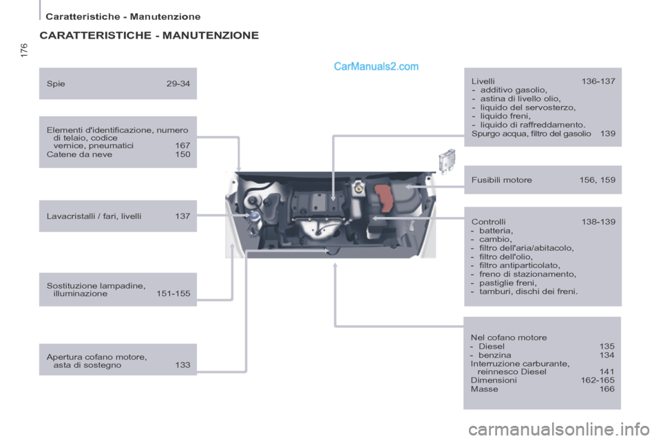 Peugeot Partner Tepee 2014  Manuale del proprietario (in Italian) 176
   Caratteristiche  -  Manutenzione   
 CARATTERISTICHE  -  MANUTENZIONE  
  Elementi didentiﬁ cazione, numero di telaio, codice 
vernice, pneumatici  167 
 Catene  da  neve  150  
  Lavacrista