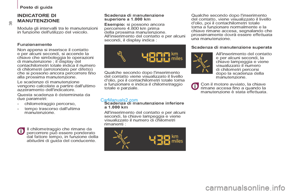 Peugeot Partner Tepee 2014  Manuale del proprietario (in Italian)    Posto  di  guida   
38
 INDICATORE  DI 
MANUTENZIONE 
 Modula gli intervalli tra le manutenzioni 
in funzione dellutilizzo del veicolo.    Scadenza  di  manutenzione 
superiore a 1.000 km 
  Esemp