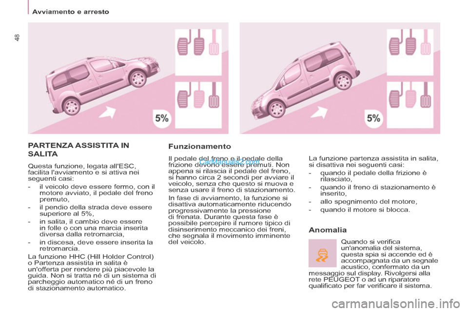 Peugeot Partner Tepee 2014  Manuale del proprietario (in Italian)    Avviamento  e  arresto   
48
 PARTENZA  ASSISTITA  IN 
SALITA 
 Questa funzione, legata allESC, 
facilita lavviamento e si attiva nei 
seguenti casi: 
   -   il veicolo deve essere fermo, con il 