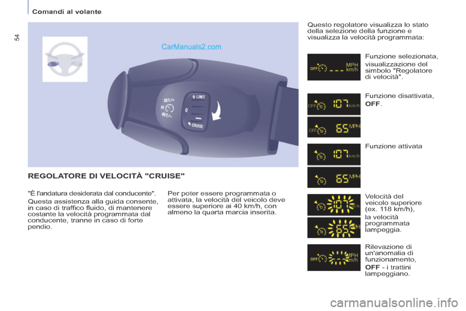 Peugeot Partner Tepee 2014  Manuale del proprietario (in Italian) 54
   Comandi  al  volante   
 REGOLATORE DI VELOCITÀ "CRUISE" 
 Per poter essere programmata o 
attivata, la velocità del veicolo deve 
essere superiore ai 40 km/h, con 
almeno la quarta marcia ins