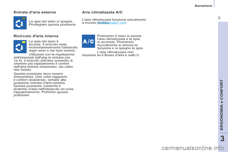 Peugeot Partner Tepee 2014  Manuale del proprietario (in Italian)    Aerazione   
 61
ERGONOMIA
 e C
ERGONOMIA
 e C
ERGONOMIA
ONFORT
3
  Entrata  daria  esterna 
  Ricircolo  daria  interna   Aria  climatizzata  A/C 
 La spia del tasto si spegne. 
Privilegiare que