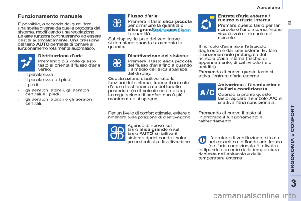 Peugeot Partner Tepee 2014  Manuale del proprietario (in Italian)    Aerazione   
 63
ERGONOMIA
 e C
ERGONOMIA
 e C
ERGONOMIA
ONFORT
3
  Funzionamento  manuale 
 È possibile, a seconda dei gusti, fare 
una scelta diversa da quella proposta dal 
sistema, modiﬁ can