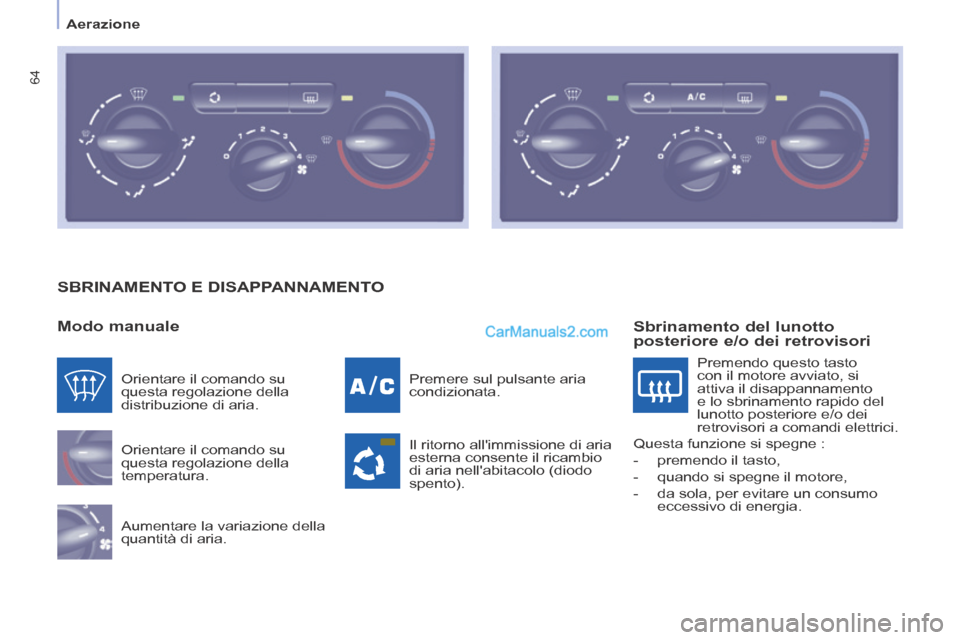 Peugeot Partner Tepee 2014  Manuale del proprietario (in Italian)    Aerazione   
64
 SBRINAMENTO E DISAPPANNAMENTO 
  Modo  manuale 
 Orientare il comando su 
questa regolazione della 
temperatura. 
 Aumentare la variazione della 
quantità di aria.  Premere sul pu