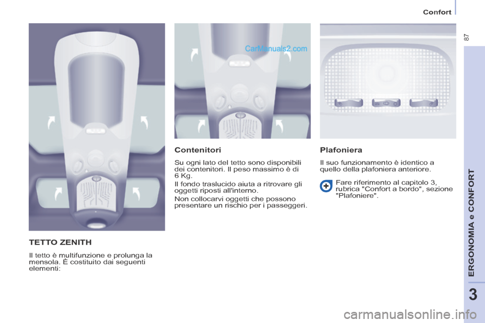 Peugeot Partner Tepee 2014  Manuale del proprietario (in Italian)    Confort   
 87
ERGONOMIA
 e C
ERGONOMIA
 e C
ERGONOMIA
ONFORT
3
     TETTO  ZENITH 
 Il tetto è multifunzione e prolunga la 
mensola. È costituito dai seguenti 
elementi: 
  Contenitori 
 Su ogni