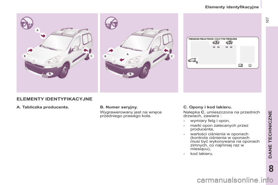 Peugeot Partner Tepee 2014  Instrukcja Obsługi (in Polish)    Elementy identyfikacyjne   
 167
DANE TECHNICZNE
8
 ELEMENTY  IDENTYFIKACYJNE  
  A. Tabliczka producenta.    C. Opony i kod lakieru. 
 Nalepka  C , umieszczona na przednich 
drzwiach, zawiera : 
 