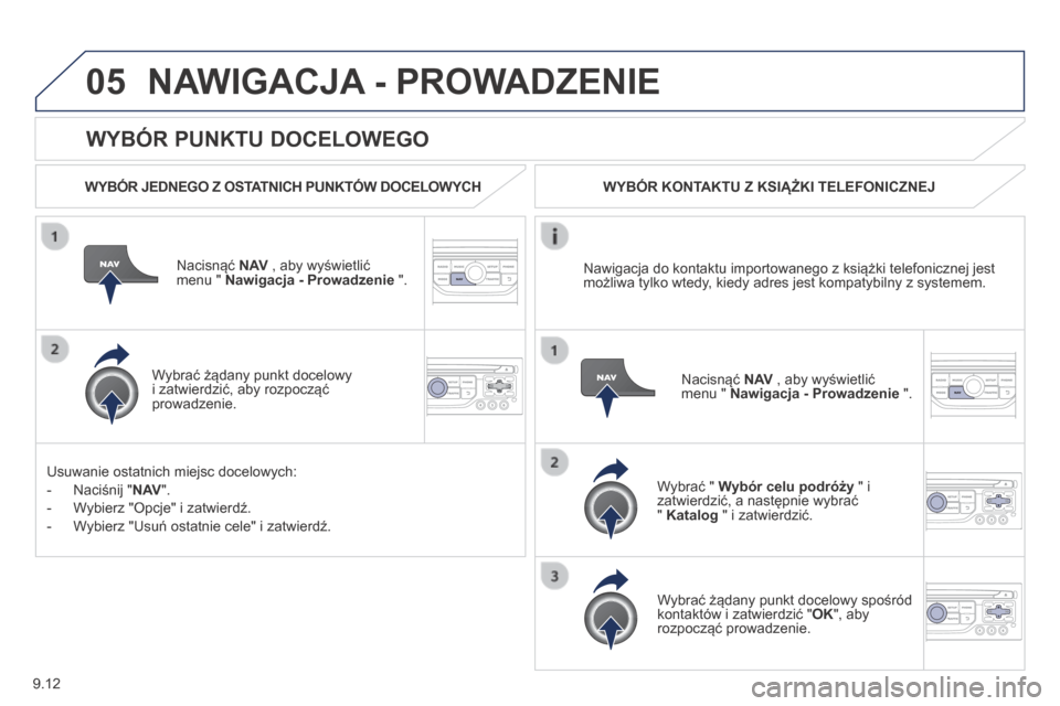 Peugeot Partner Tepee 2014 Instrukcja Obsługi (in Polish) 9.12
05
WYBÓR PUNKTU DOCELOWEGO
NAWIGACJA - PROWADZENIE
WYBÓR JEDNEGO Z OSTATNICH PUNKTÓW DOCELOWYCH
Nacisnąć N AV , aby wyświetlić menu " Nawigacja - Prowadzenie ".
Wybrać Peugeot Partner Tepee 2014 Instrukcja Obsługi (in Polish) 9.12
05
WYBÓR PUNKTU DOCELOWEGO
NAWIGACJA - PROWADZENIE
WYBÓR JEDNEGO Z OSTATNICH PUNKTÓW DOCELOWYCH
Nacisnąć N AV , aby wyświetlić menu " Nawigacja - Prowadzenie ".
Wybrać