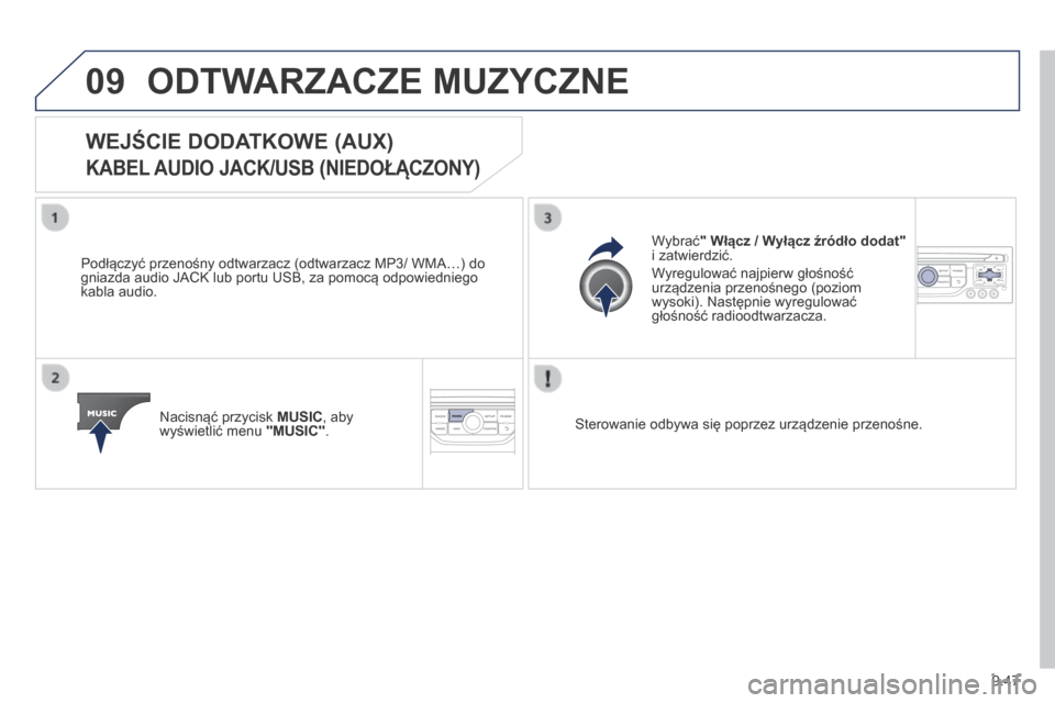 Peugeot Partner Tepee 2014 Instrukcja Obsługi (in Polish) 9.47
09 ODTWARZACZE MUZYCZNE
WEJŚCIE DODATKOWE (AUX)
KABEL AUDIO JACK/USB (NIEDOŁĄCZONY)
Podłączyć przenośny odtwarzacz (odtwarzacz MP3/ WMA…) do gniazda audio JACK lub por Peugeot Partner Tepee 2014 Instrukcja Obsługi (in Polish) 9.47
09 ODTWARZACZE MUZYCZNE
WEJŚCIE DODATKOWE (AUX)
KABEL AUDIO JACK/USB (NIEDOŁĄCZONY)
Podłączyć przenośny odtwarzacz (odtwarzacz MP3/ WMA…) do gniazda audio JACK lub por
