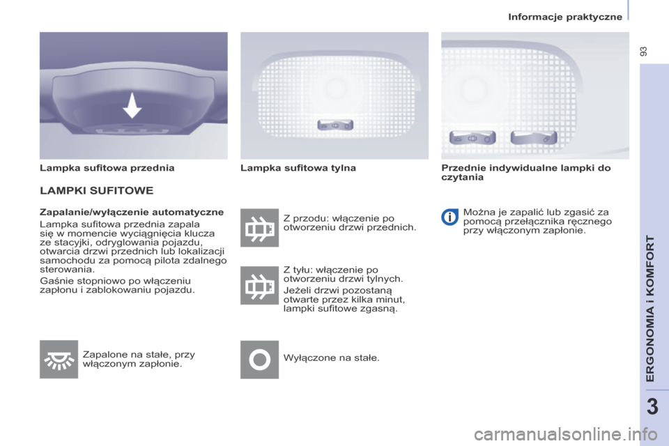 Peugeot Partner Tepee 2014 Instrukcja Obsługi (in Polish) Informacje praktyczne
93
ERGONOMIA
i K
ERGONOMIA
i K
ERGONOMIA
OMFORT
3
Zapalanie/wyłączenie automatyczne
Lampka sufi towa przednia zapala
się w momencie wyciągnięcia klucza
ze st Peugeot Partner Tepee 2014 Instrukcja Obsługi (in Polish) Informacje praktyczne
93
ERGONOMIA
i K
ERGONOMIA
i K
ERGONOMIA
OMFORT
3
Zapalanie/wyłączenie automatyczne
Lampka sufi towa przednia zapala
się w momencie wyciągnięcia klucza
ze st