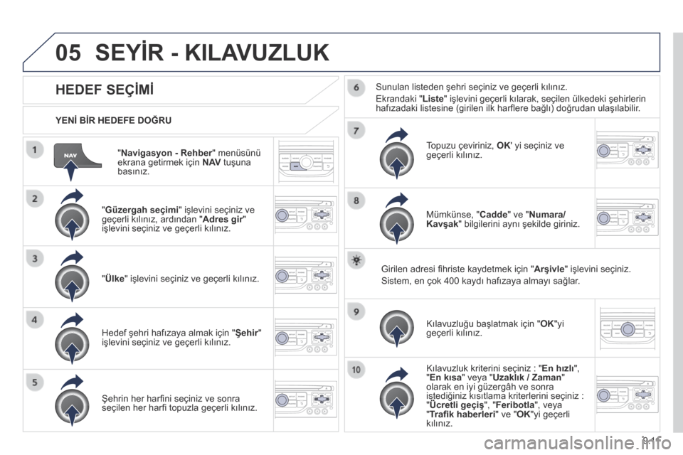 Peugeot Partner Tepee 2014 Kullanım Kılavuzu (in Turkish) 9.11
05
" Navigasyon - Rehber " menüsünü Navigasyon - Rehber " menüsünü Navigasyon - Rehberekrana getirmek için N AV tuşuna basınız.
YENİ BİR HEDEFE DOĞRU
SEYİR - KILAVUZLUK Peugeot Partner Tepee 2014 Kullanım Kılavuzu (in Turkish) 9.11
05
" Navigasyon - Rehber " menüsünü Navigasyon - Rehber " menüsünü Navigasyon - Rehberekrana getirmek için N AV tuşuna basınız.
YENİ BİR HEDEFE DOĞRU
SEYİR - KILAVUZLUK