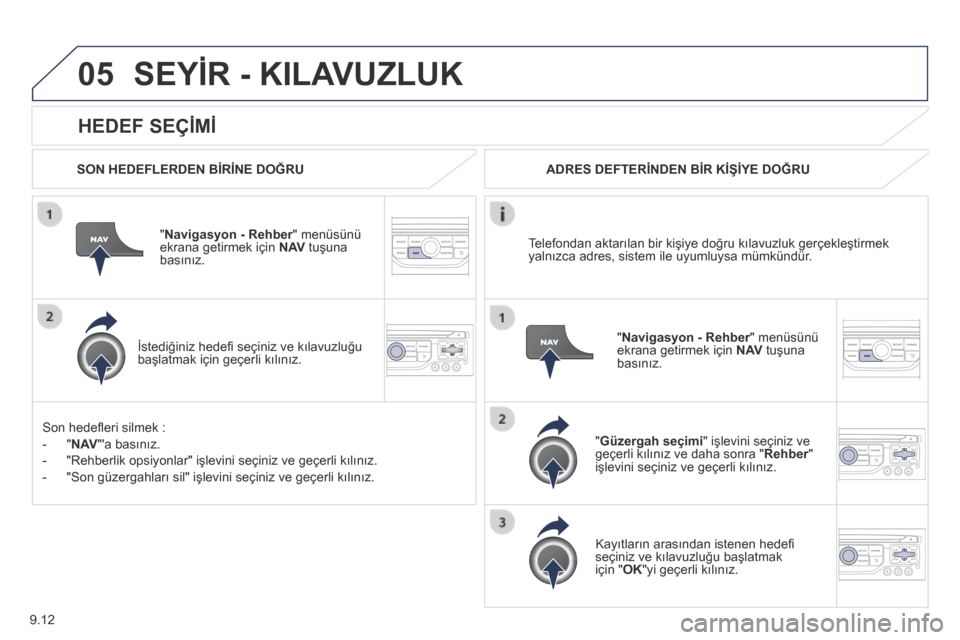 Peugeot Partner Tepee 2014 Kullanım Kılavuzu (in Turkish) 9.12
05
HEDEF SEÇİMİ
SEYİR - KILAVUZLUK
SON HEDEFLERDEN BİRİNE DOĞRU
" Navigasyon - Rehber " menüsünü Navigasyon - Rehber " menüsünü Navigasyon - Rehberekrana getirmek için Peugeot Partner Tepee 2014 Kullanım Kılavuzu (in Turkish) 9.12
05
HEDEF SEÇİMİ
SEYİR - KILAVUZLUK
SON HEDEFLERDEN BİRİNE DOĞRU
" Navigasyon - Rehber " menüsünü Navigasyon - Rehber " menüsünü Navigasyon - Rehberekrana getirmek için