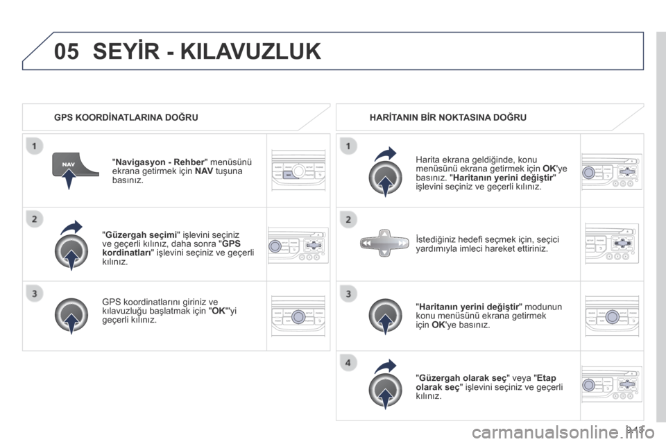 Peugeot Partner Tepee 2014 Kullanım Kılavuzu (in Turkish) 9.13
05
" Güzergah seçimi " işlevini seçiniz ve geçerli kılınız, daha sonra " GPS kordinatları " işlevini seçiniz ve geçerli kılınız.
GPS koordinatlarını giriniz ve kılavuzlu Peugeot Partner Tepee 2014 Kullanım Kılavuzu (in Turkish) 9.13
05
" Güzergah seçimi " işlevini seçiniz ve geçerli kılınız, daha sonra " GPS kordinatları " işlevini seçiniz ve geçerli kılınız.
GPS koordinatlarını giriniz ve kılavuzlu