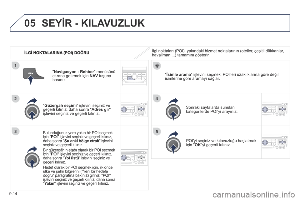 Peugeot Partner Tepee 2014 Kullanım Kılavuzu (in Turkish) 9.14
05
İLGİ NOKTALARINA (POI) DOĞRU
SEYİR - KILAVUZLUK
İlgi noktaları (POI), yakındaki hizmet noktalarının (oteller, çeşitli dükkanlar, havalimanı...) tamamını gösterir.
" Peugeot Partner Tepee 2014 Kullanım Kılavuzu (in Turkish) 9.14
05
İLGİ NOKTALARINA (POI) DOĞRU
SEYİR - KILAVUZLUK
İlgi noktaları (POI), yakındaki hizmet noktalarının (oteller, çeşitli dükkanlar, havalimanı...) tamamını gösterir.
"