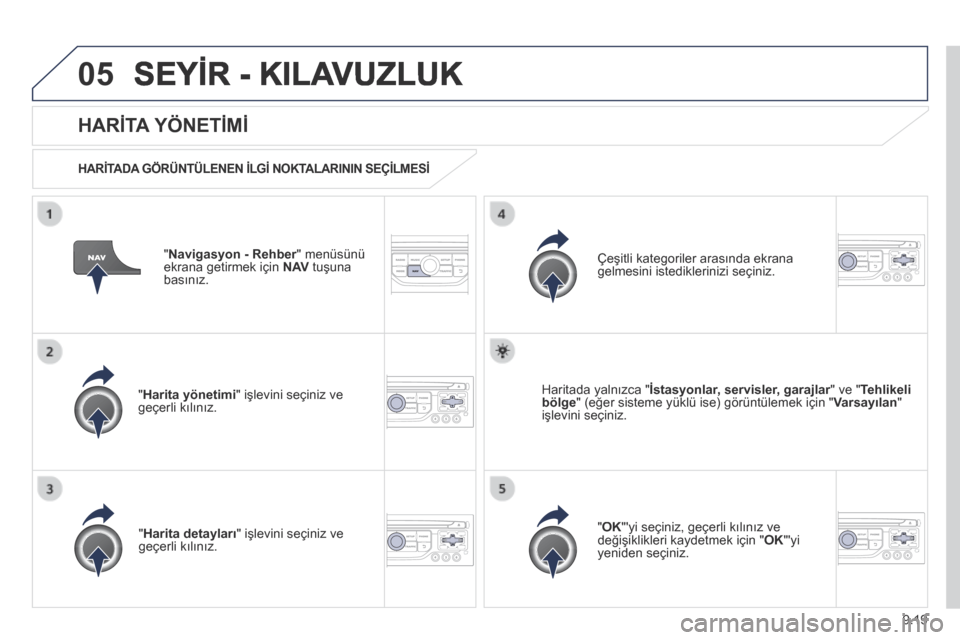 Peugeot Partner Tepee 2014 Kullanım Kılavuzu (in Turkish) 9.19
05 SEYİR - KILAVUZLUK
" Navigasyon - Rehber " menüsünü Navigasyon - Rehber " menüsünü Navigasyon - Rehberekrana getirmek için N AV tuşuna basınız.
HARİTA YÖNETİMİ
HAR Peugeot Partner Tepee 2014 Kullanım Kılavuzu (in Turkish) 9.19
05 SEYİR - KILAVUZLUK
" Navigasyon - Rehber " menüsünü Navigasyon - Rehber " menüsünü Navigasyon - Rehberekrana getirmek için N AV tuşuna basınız.
HARİTA YÖNETİMİ
HAR