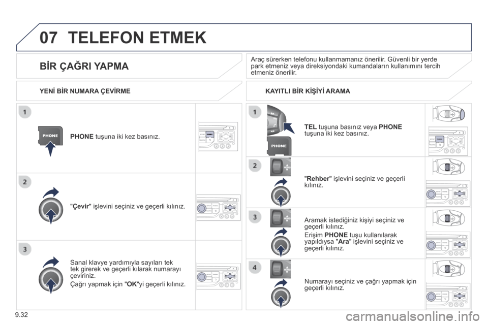 Peugeot Partner Tepee 2014 Kullanım Kılavuzu (in Turkish) 9.32
07 TELEFON ETMEK
PHONE tuşuna iki kez basınız.
" Çevir " işlevini seçiniz ve geçerli kılınız. Çevir " işlevini seçiniz ve geçerli kılınız. Çevir
" Rehber " işlevini Peugeot Partner Tepee 2014 Kullanım Kılavuzu (in Turkish) 9.32
07 TELEFON ETMEK
PHONE tuşuna iki kez basınız.
" Çevir " işlevini seçiniz ve geçerli kılınız. Çevir " işlevini seçiniz ve geçerli kılınız. Çevir
" Rehber " işlevini