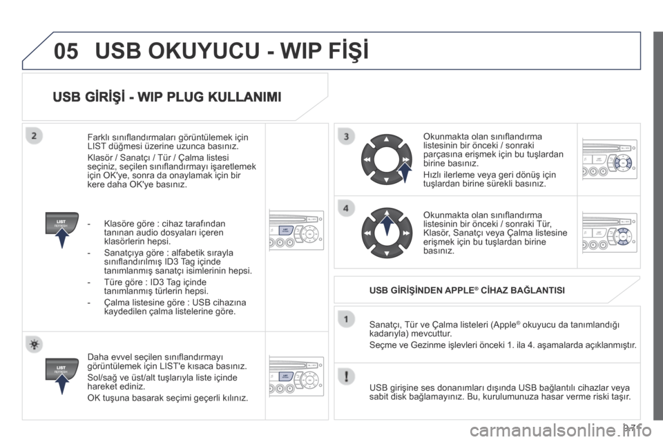 Peugeot Partner Tepee 2014 Kullanım Kılavuzu (in Turkish) 9.71
05
USB GİRİŞİ - WIP PLUG KULLANIMI
Daha evvel seçilen sınıfl andırmayı görüntülemek için LISTe kısaca basınız.
Sol/sağ ve üst/alt tuşlarıyla liste içinde hareket edi Peugeot Partner Tepee 2014 Kullanım Kılavuzu (in Turkish) 9.71
05
USB GİRİŞİ - WIP PLUG KULLANIMI
Daha evvel seçilen sınıfl andırmayı görüntülemek için LISTe kısaca basınız.
Sol/sağ ve üst/alt tuşlarıyla liste içinde hareket edi