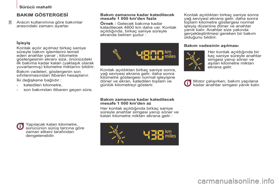 Peugeot Partner Tepee 2014  Kullanım Kılavuzu (in Turkish)    Sürücü mahalli   
38
 BAKIM GÖSTERGESİ 
 Aracın kullanımına göre bakımlar 
arasındaki zamanı ayarlar.    Bakım zamanına kadar katedilecek 
mesafe 1 000 kmden fazla 
  Örnek :  Gelec