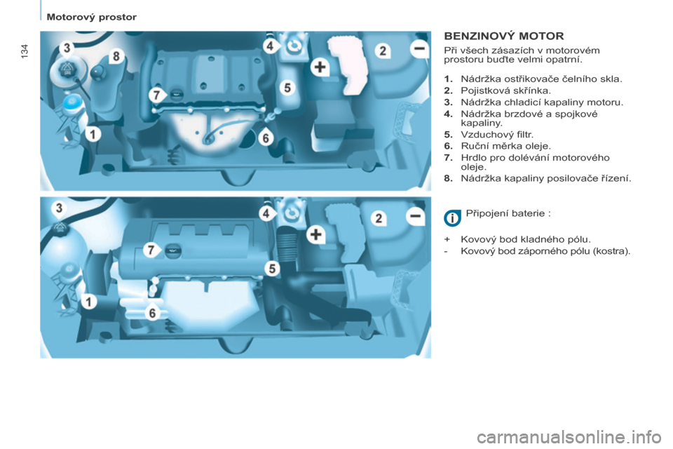 Peugeot Partner Tepee 2014  Návod k obsluze (in Czech)    Motorový prostor   
134
  BENZINOVÝ MOTOR 
    1.   Nádržka ostřikovače čelního skla. 
  2.   Pojistková skřínka. 
  3.   Nádržka chladicí kapaliny motoru. 
  4.   Nádržka brzdové 